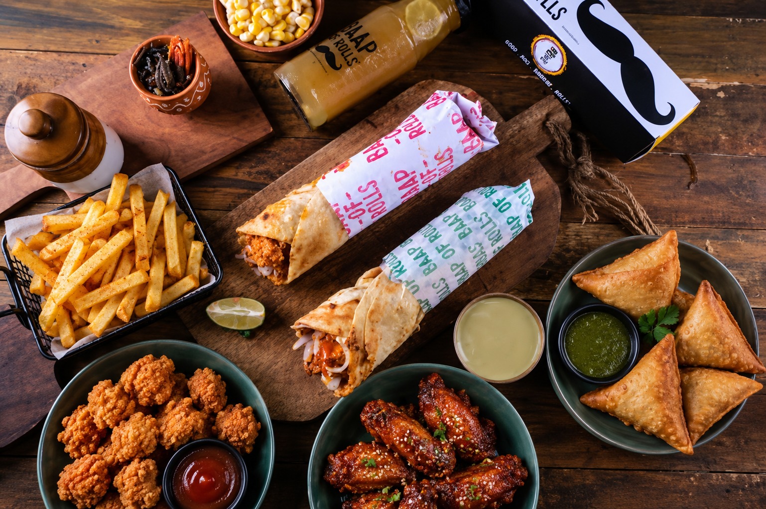 Baap Of Rolls rolls, dips and sides arranged with branded food packaging